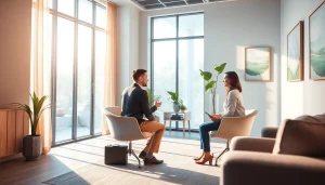 Engaging psychiatry dubai session in a peaceful, modern office with warm lighting.