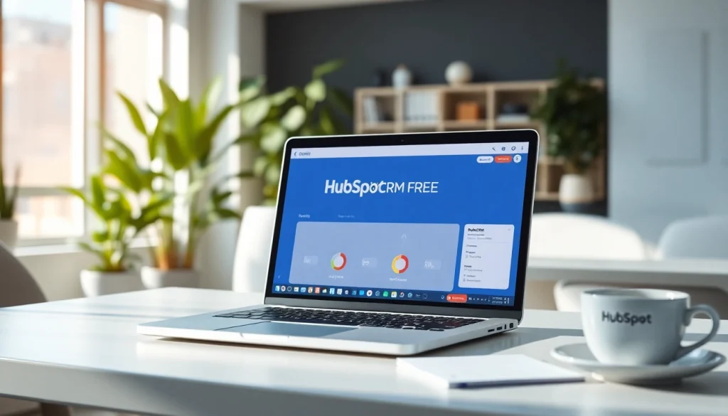 Showcase the HubSpot CRM free interface on a sleek laptop for efficient management