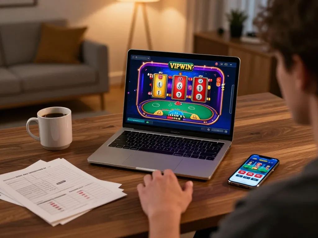 Engaging scene of a user enjoying VIPWIN online casino games on a laptop with vibrant graphics