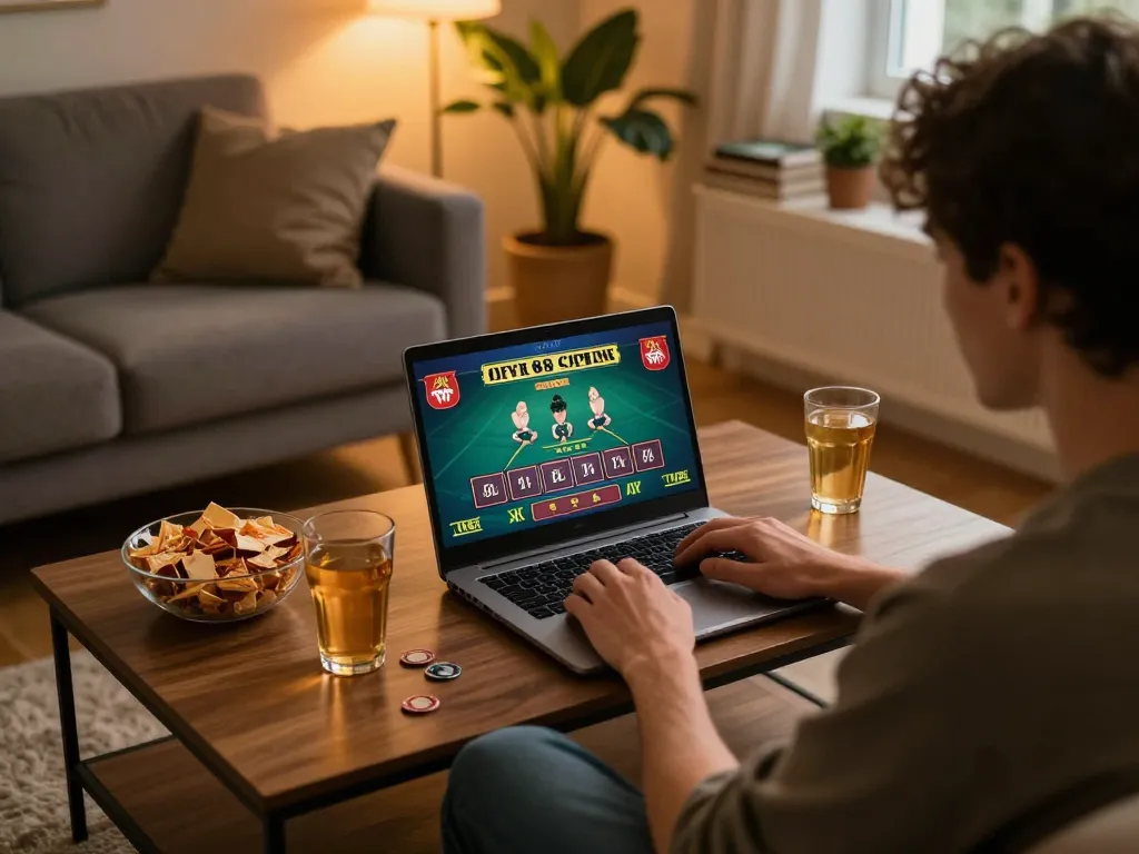 Person enjoying online gaming at Nhà Cái SC88, laptop screen highlighting a live dealer game in a cozy setting.