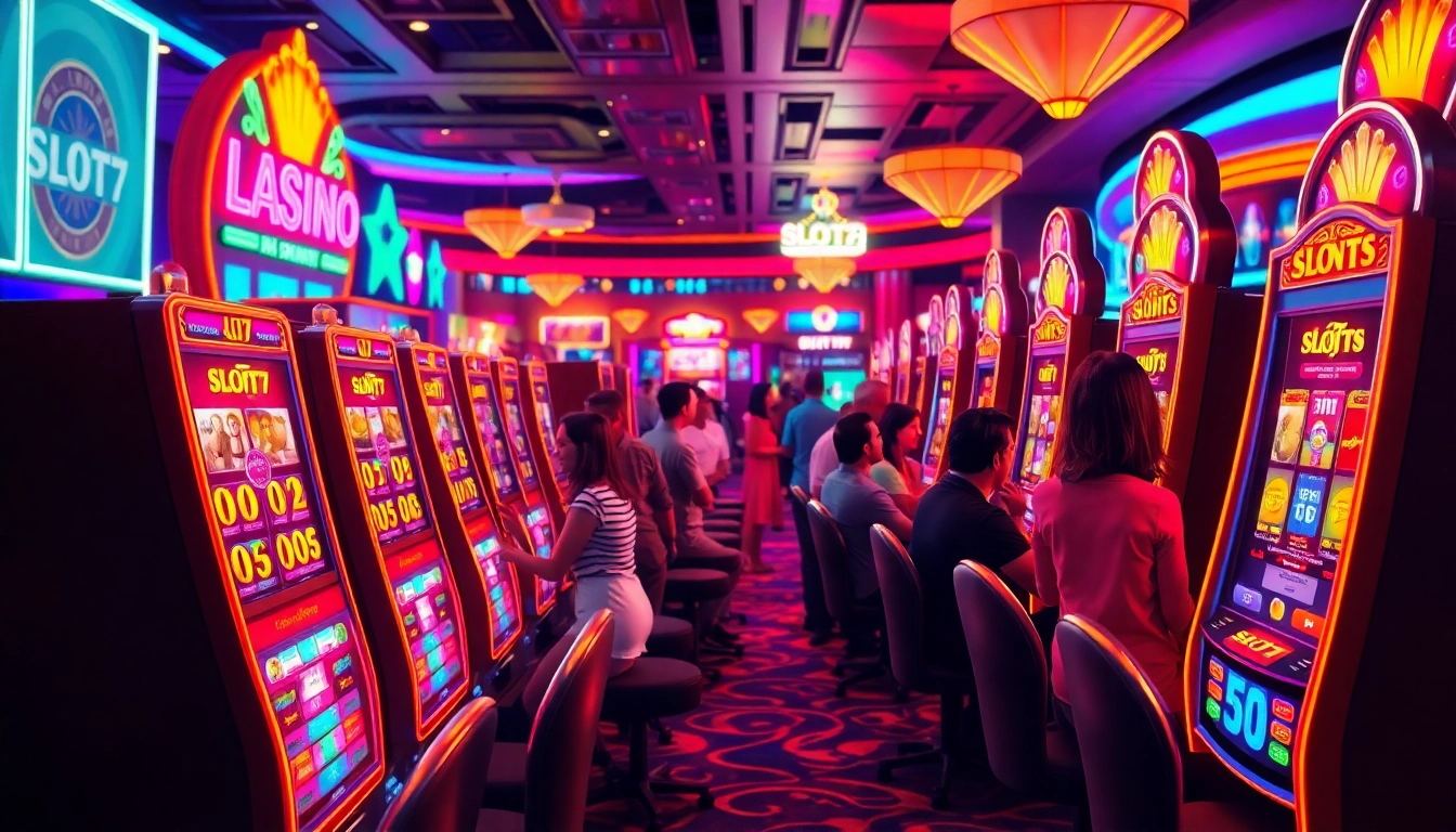 Players enjoying Slot77 machines in a vibrant casino atmosphere, celebrating wins with excitement.