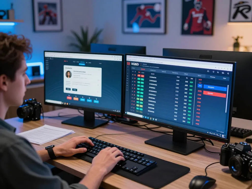 KQBD live sports betting scene with engaged player analyzing odds in home office.