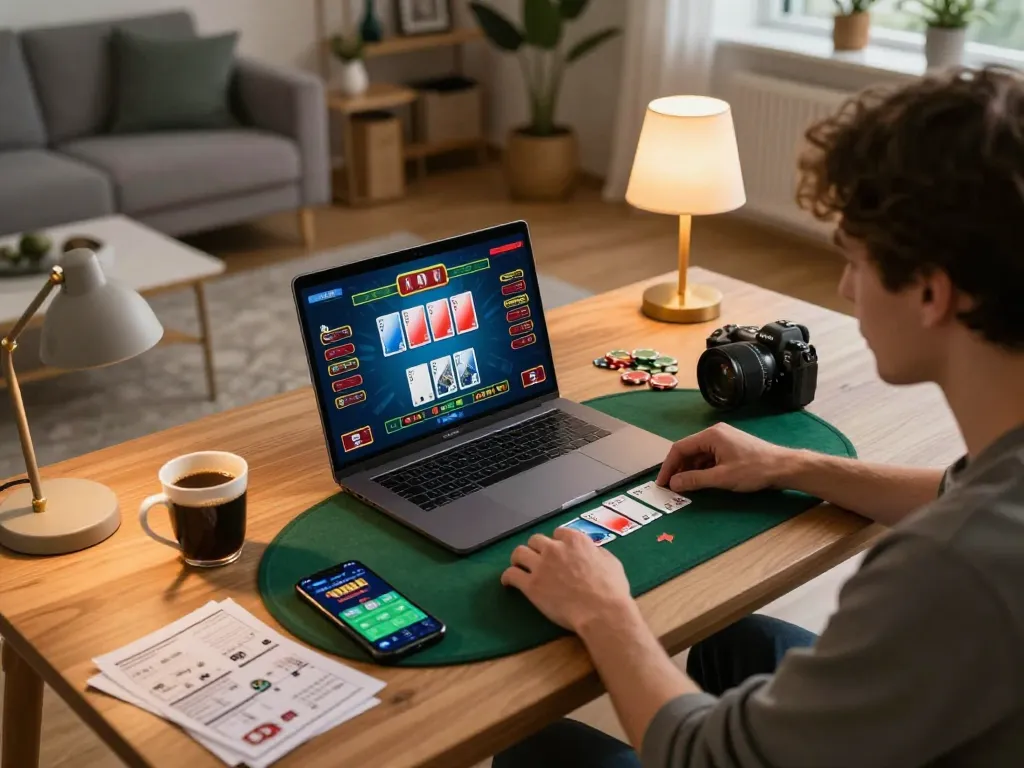 Player enjoying vipwin poker game on laptop at home desk with strategy notes and coffee