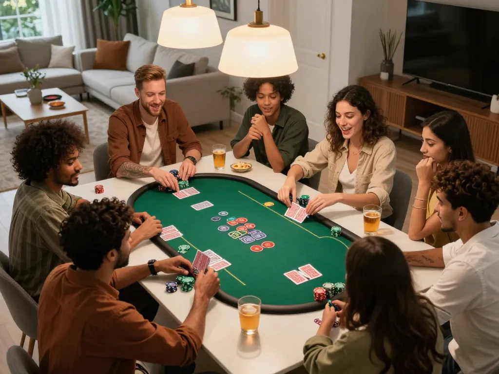 Gathering with friends playing poker using 32win app, showcasing vibrant game atmosphere