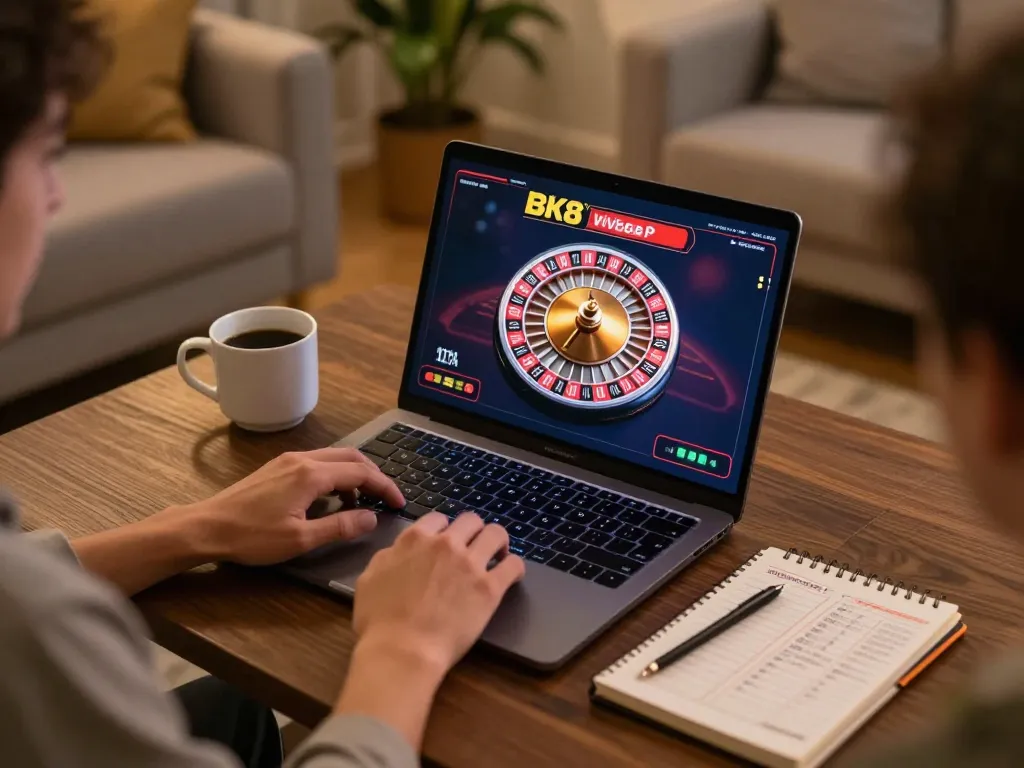 BK8 player engaging in live dealer casino from a cozy home setup, showcasing online gaming strategy