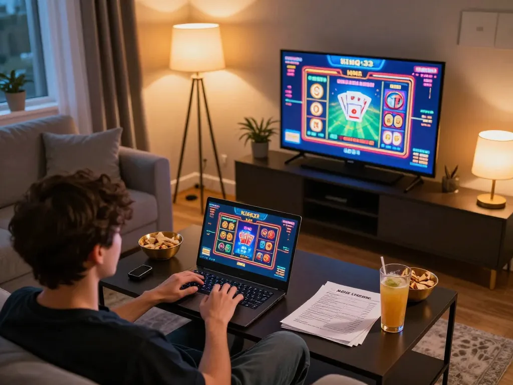 Engaging in king33 online casino games from a cozy living room setup with snacks and strategy notes.
