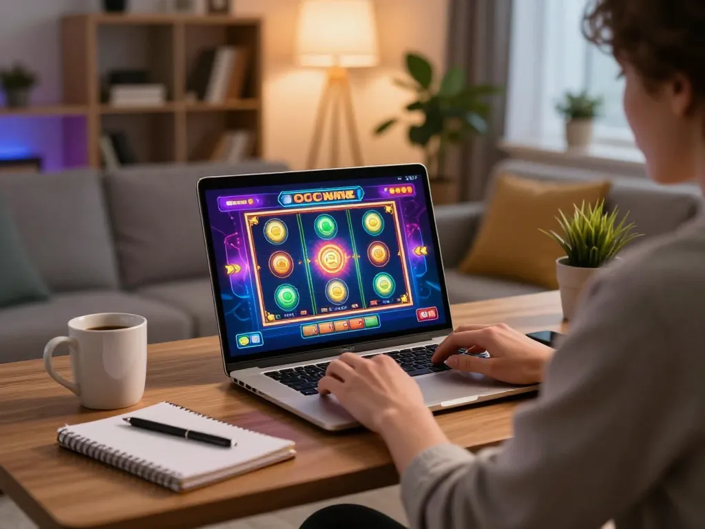Engaging in online casinos Canada while playing slots at home with a laptop and cozy setup.