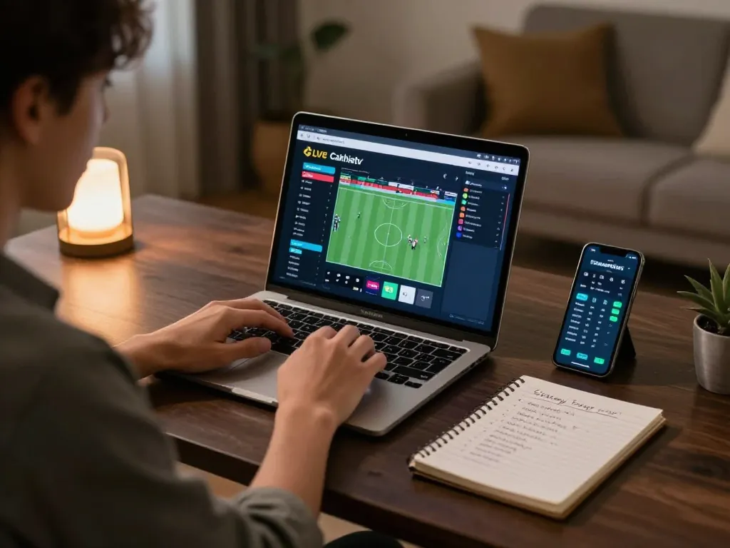 Cakhiatv user engaging in live sports betting action with laptop showing betting odds and strategy notes.