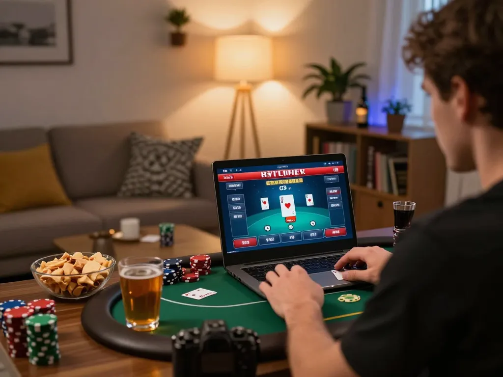 Player enjoying an online poker game at RR88 from the comfort of home, showcasing a cozy gaming atmosphere.