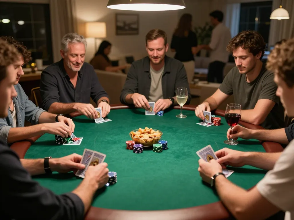 Players strategizing in a lively home poker game, showcasing gori77 gameplay with chips and cards.