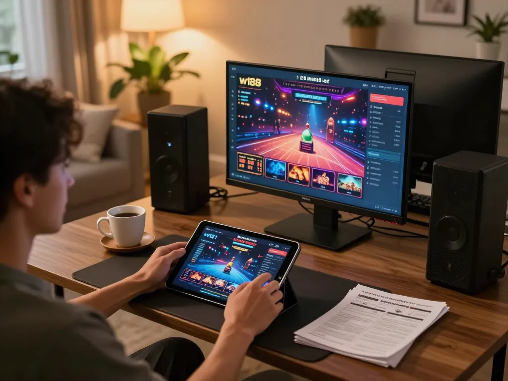 Engaging in w188 bet online gaming with a tablet in a cozy home setup