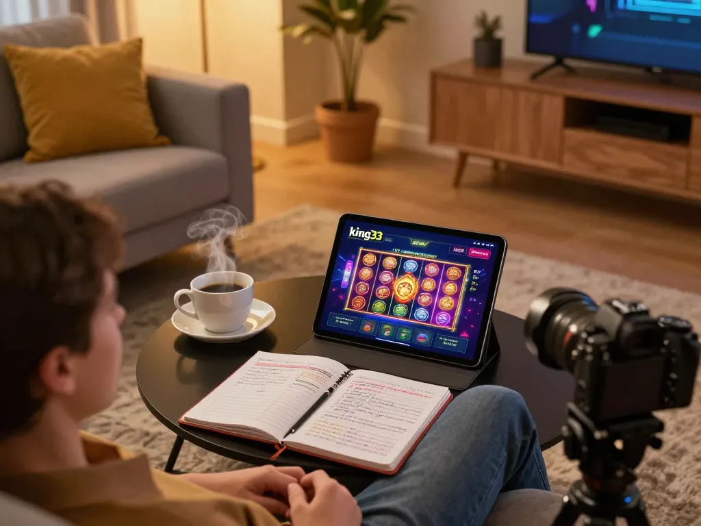 Engaging with king33 app on tablet during a cozy online gaming session at home, showcasing betting strategies.