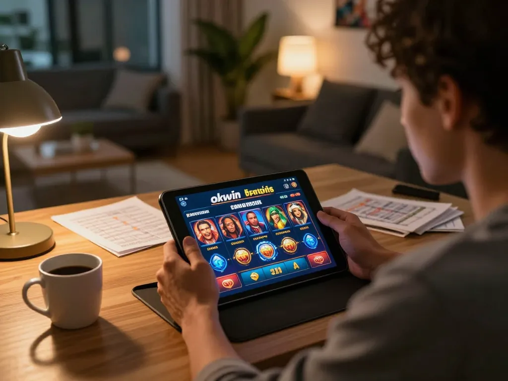 Engaged player using okwin app for online gaming, showcasing focused strategy and comfortable atmosphere.