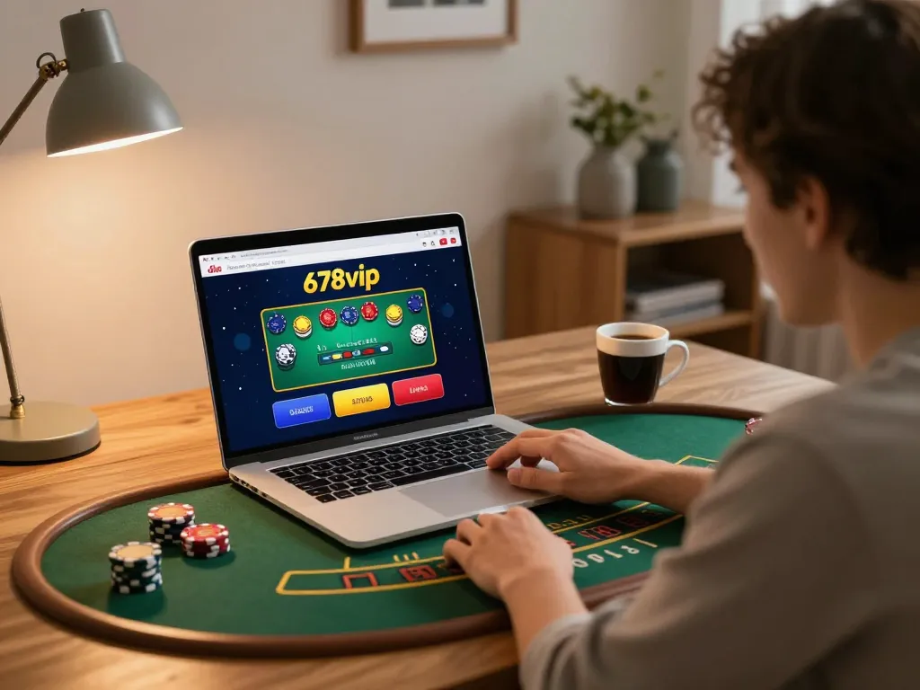 Engaging with the 678vip ne live dealer blackjack game on a sleek laptop at home.