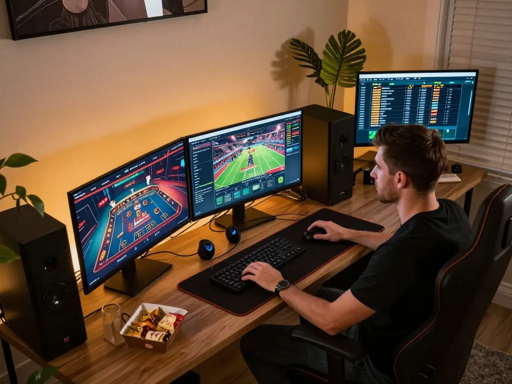 Gambling enthusiast strategizing on g28 com with multiple screens showing live dealer games and sports betting.