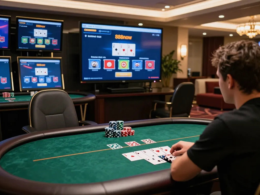 Engage in online gaming with 888now đăng nhập on a luxurious poker setup.