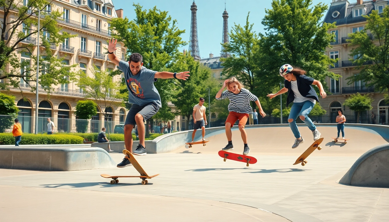 École de Skate Paris, jeune skaters pratiquant des figures dans un skatepark dynamique.