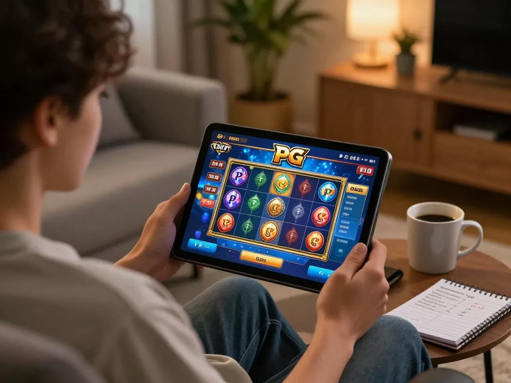 Playing demo slot pg on a tablet in a cozy home setting with strategic notes nearby.