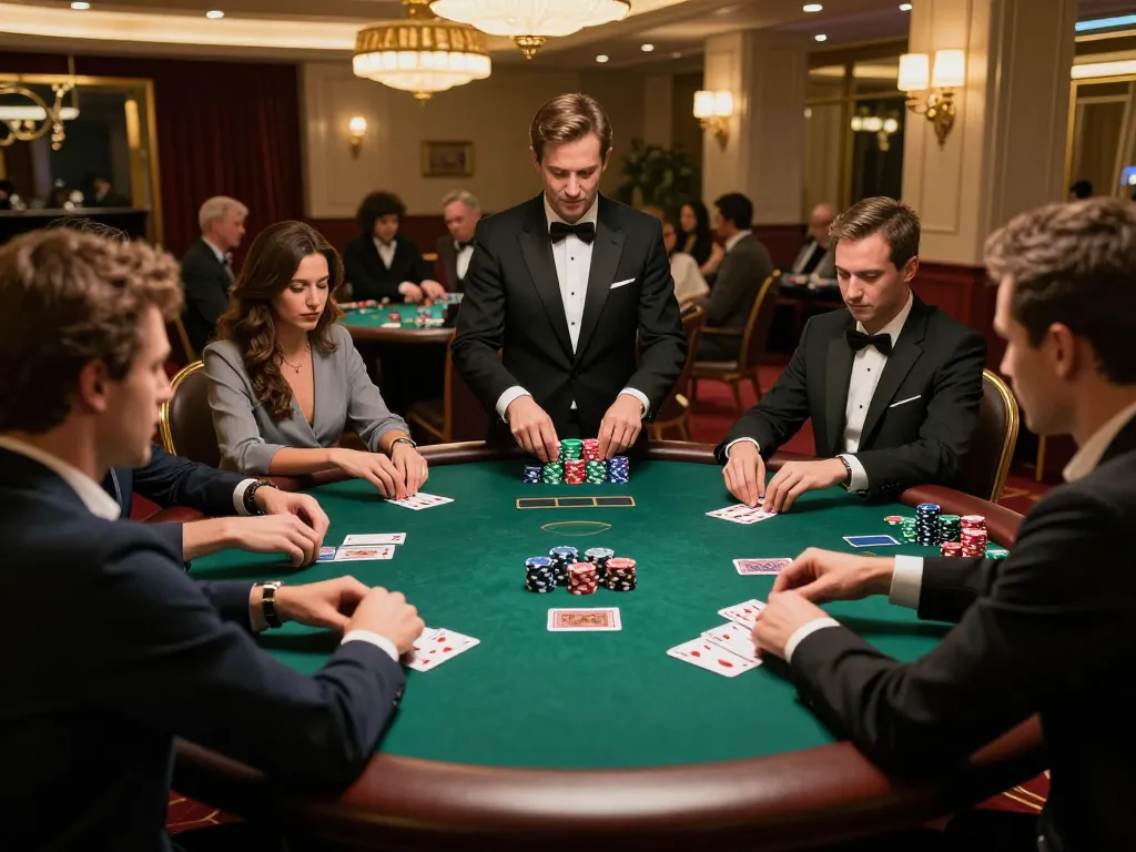 Winstrike69 poker game strategy session at a luxury casino with focused players and lively ambiance