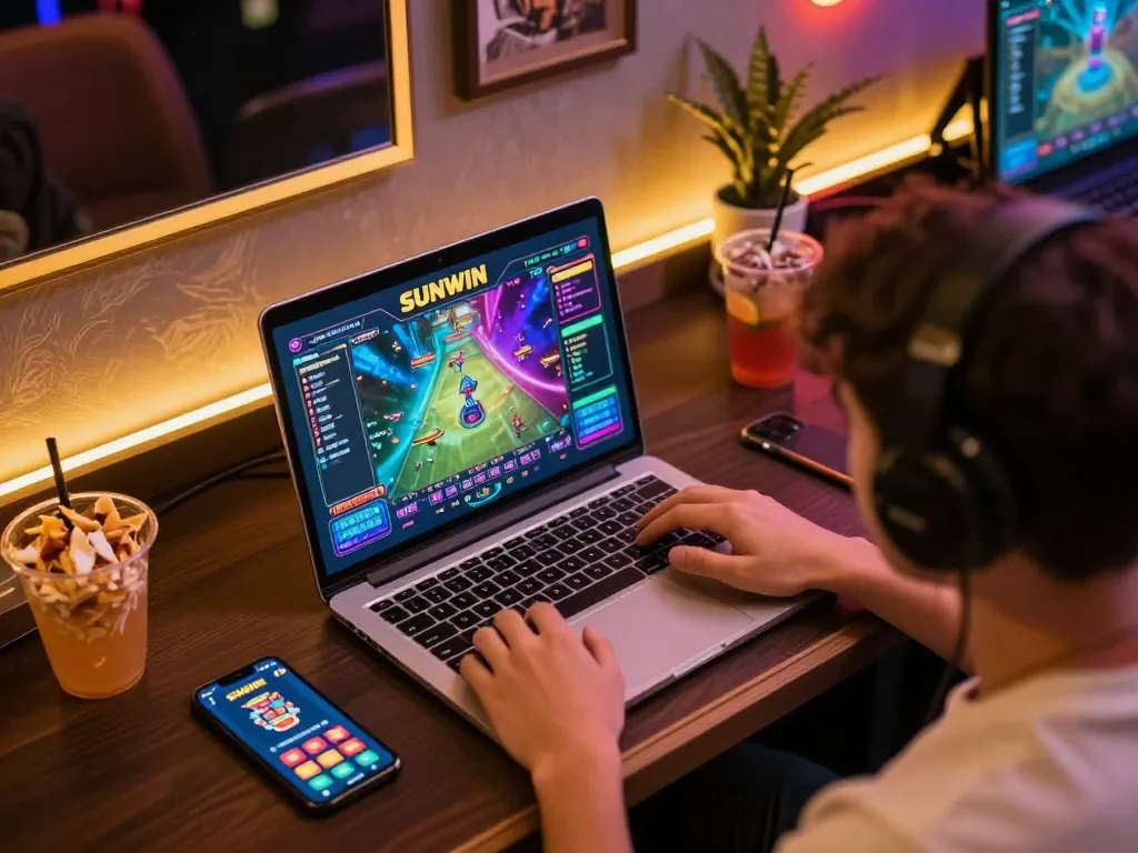 SUNWIN online gaming session depicting a player enjoying colorful casino games at home