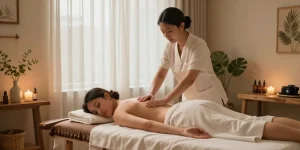 Relaxing Swedish massage scene with therapist applying aromatic oils in a tranquil spa