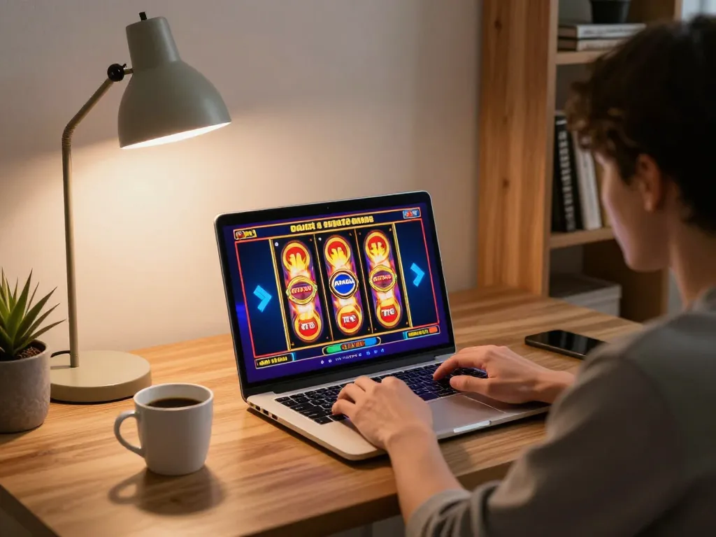 Engaging in slot gacor gampang menang online with vibrant slot graphics in a cozy home setup