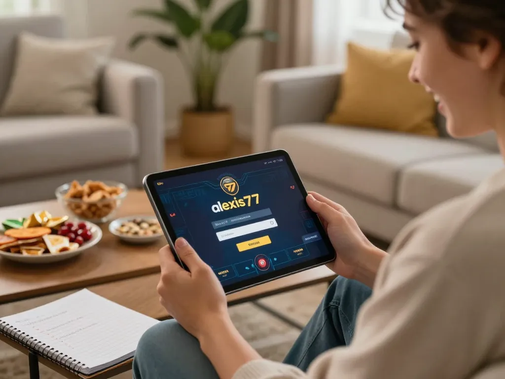Engaging in alexis77 login on a tablet in a cozy home environment with snacks and gaming notes.