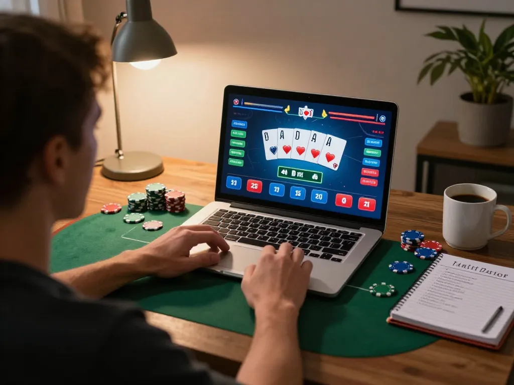 Engaging in an online poker game on LOTO188 COM with vibrant screen showing cards and betting options