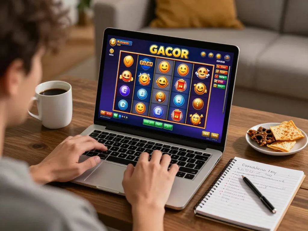 Engaged player enjoying slot gacor gaming on laptop, relaxed home setting highlighting responsible gambling.