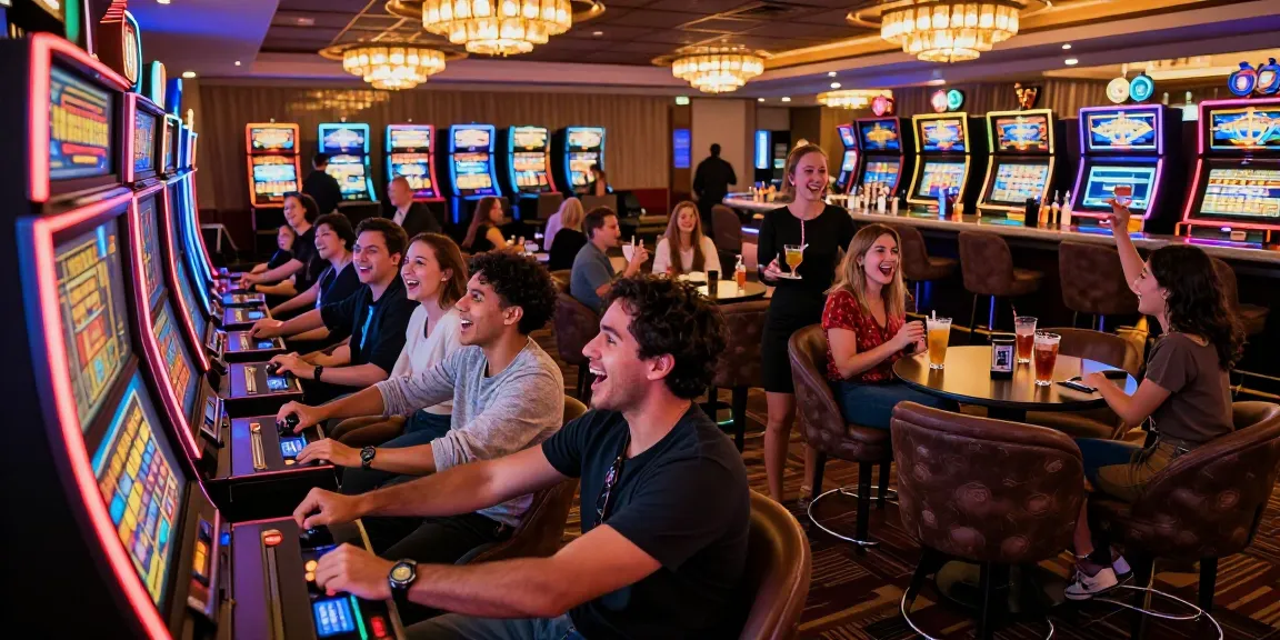 Friends celebrating by a slot machine at a bustling casino gaming floor