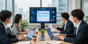 Detect fake invoice team collaborating in a modern office to improve invoice security.