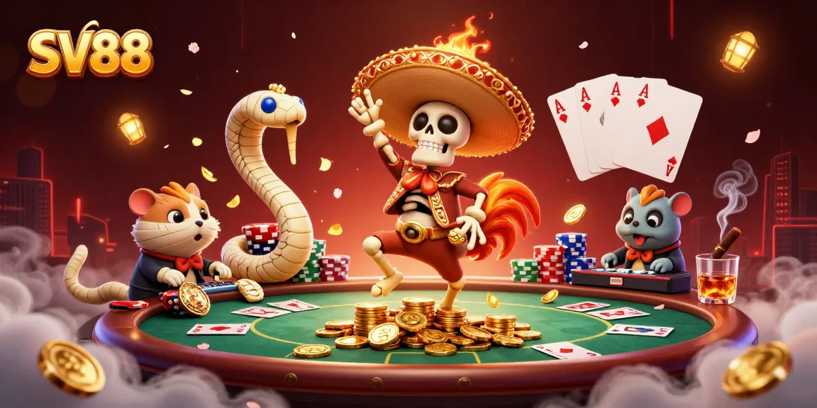 Experience excitement at SV88 with vibrant cartoon characters celebrating casino wins.