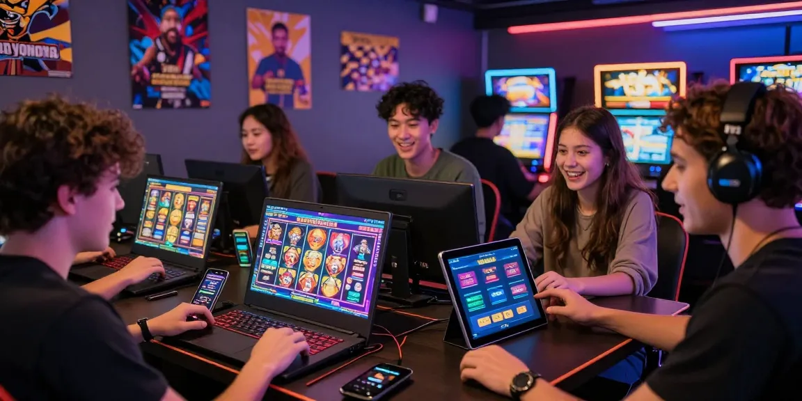Excited players enjoying slot games on digital devices, showcasing the thrill of online gaming.