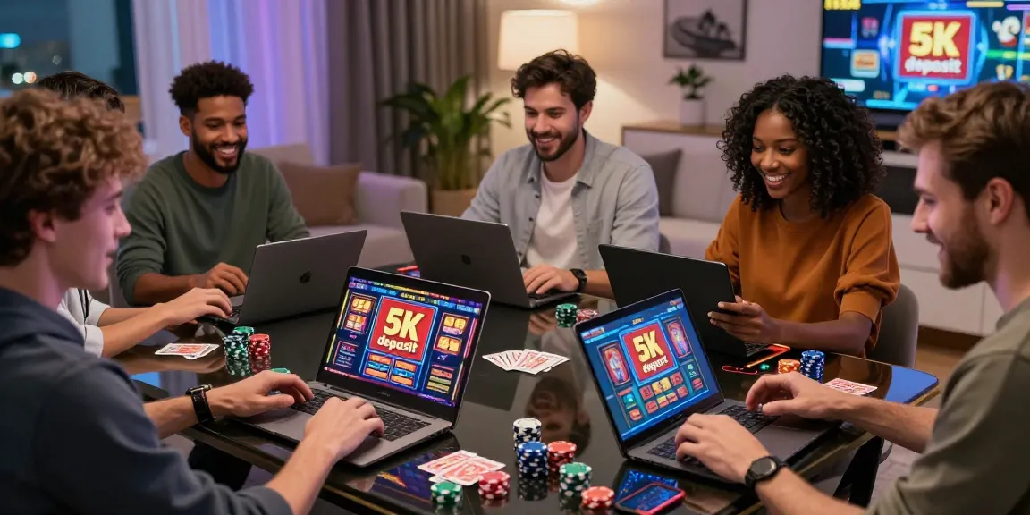 Enthusiastic players engaging in slot deposit 5k games on various devices in a modern living room setting.