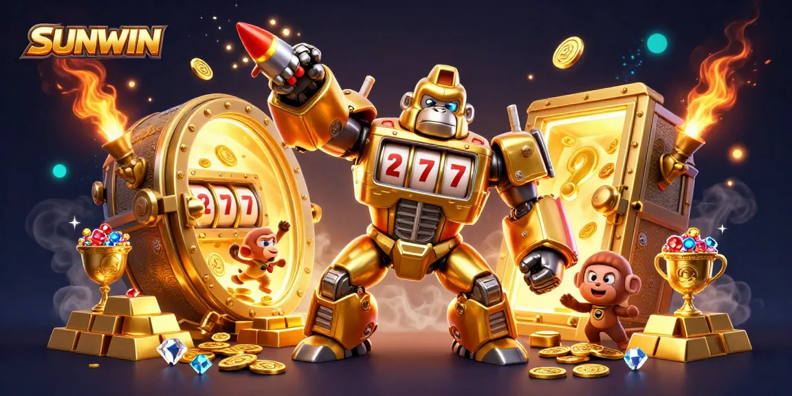SUNWIN engages players with a golden gorilla mech in a dazzling casino scene filled with treasure.