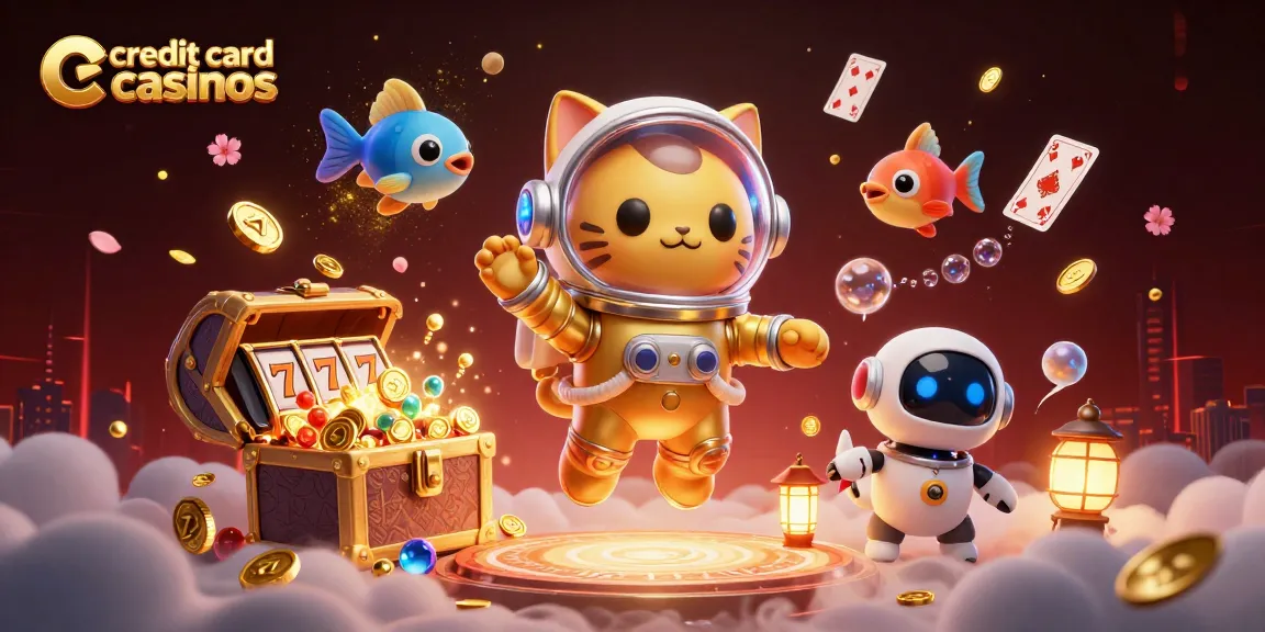 Engage in credit card casinos with a vibrant 3D illustration featuring gaming elements and characters.
