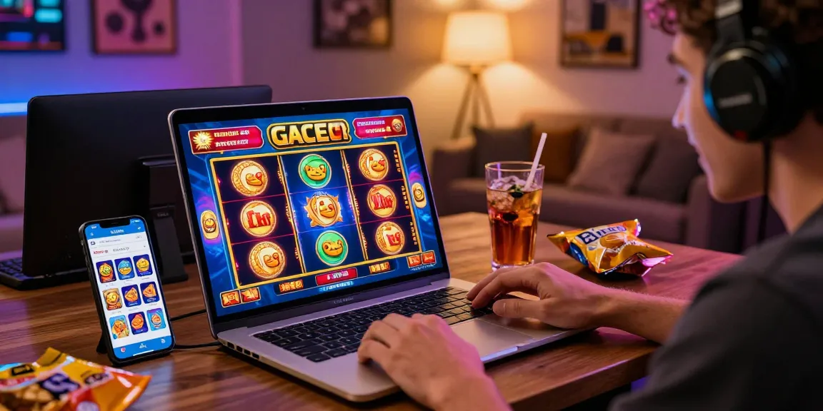 Player enjoying a slot gacor game on their laptop with a vibrant, engaging atmosphere.