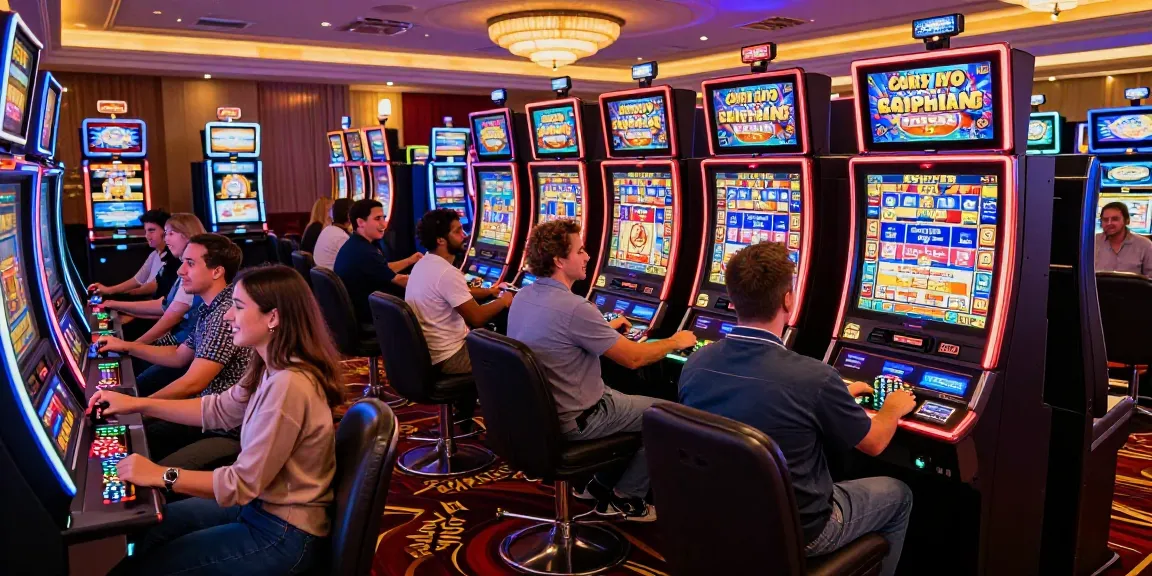 Slot players enjoying vibrant machines in a lively casino