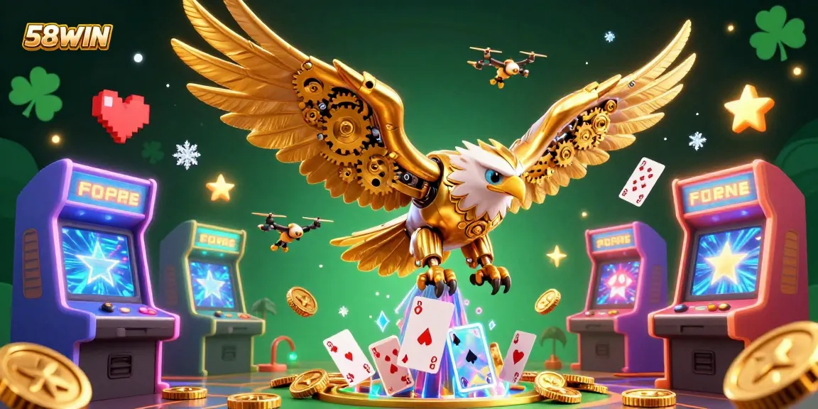 Experience thrilling games at 58WIN with vibrant 3D illustrations of intricate casino elements.