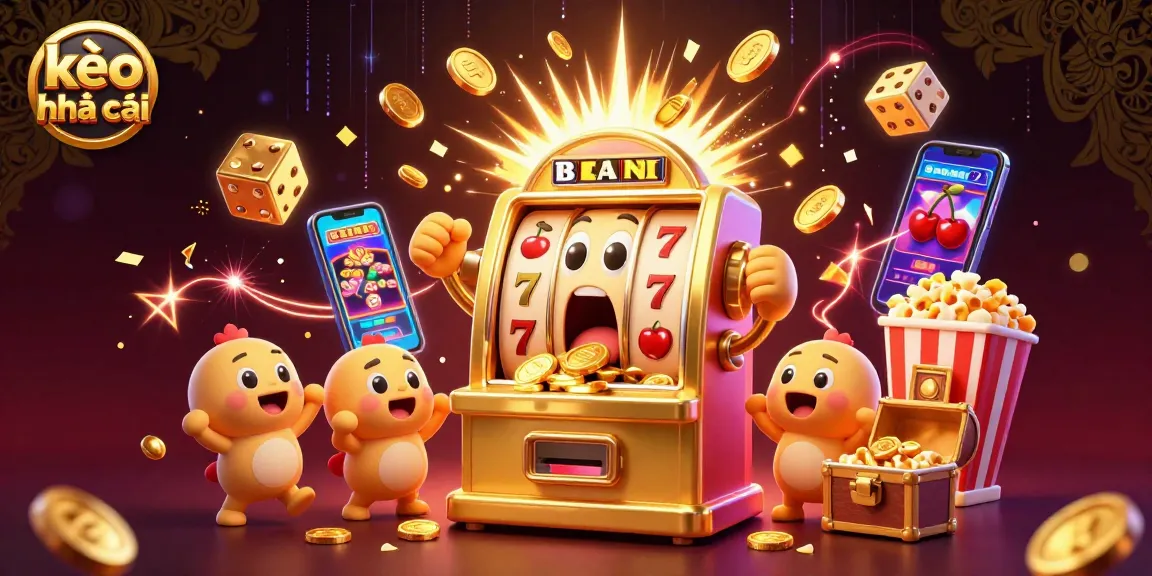 A golden slot machine celebrating its win with coins pouring out, representing kèo nhà cái excitement at a vibrant casino scene.