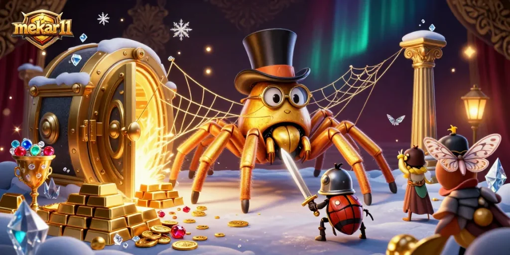 Mekar11 showcases a cartoon scene with a giant tarantula and knight in casino treasures.