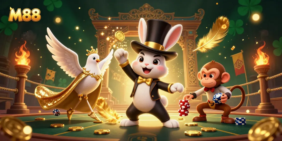 M88 showcases a magician rabbit pulling coins, alongside a sequined dove and monkey with poker chips in a vibrant casino scene.