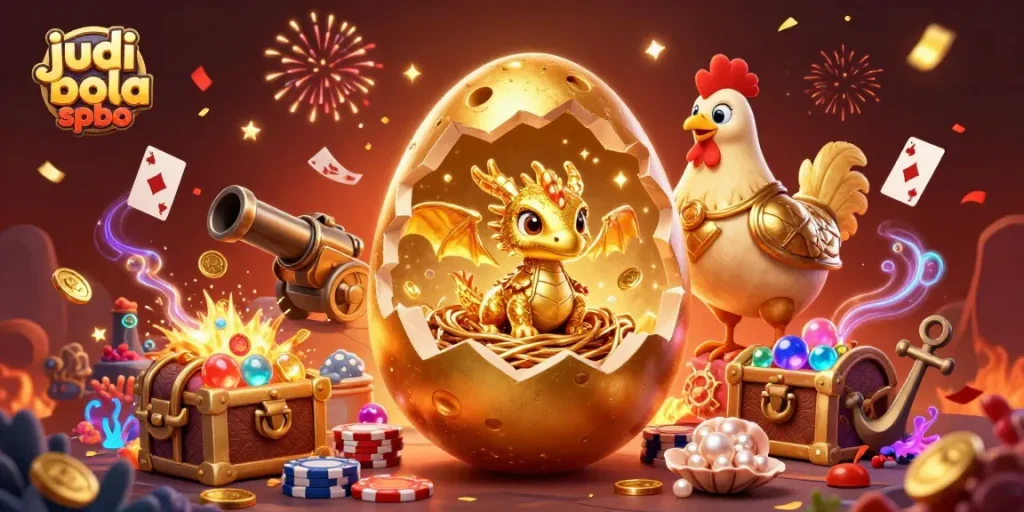 Experience judi bola spbo excitement with a golden dragon amidst lavish treasures and festive elements.