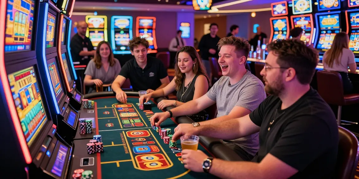 Exciting casino scene with players enjoying JPTOTO slot games, vibrant graphics, and lively atmosphere.