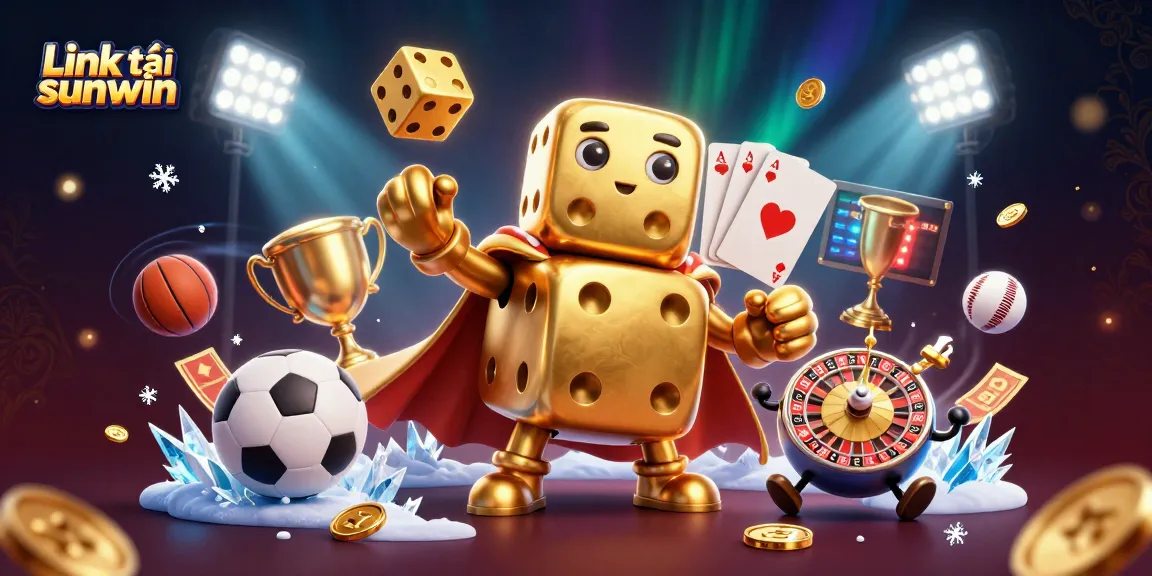 Bet on winning strategies with Link tải sunwin, featuring a golden dice golem and vibrant casino elements.