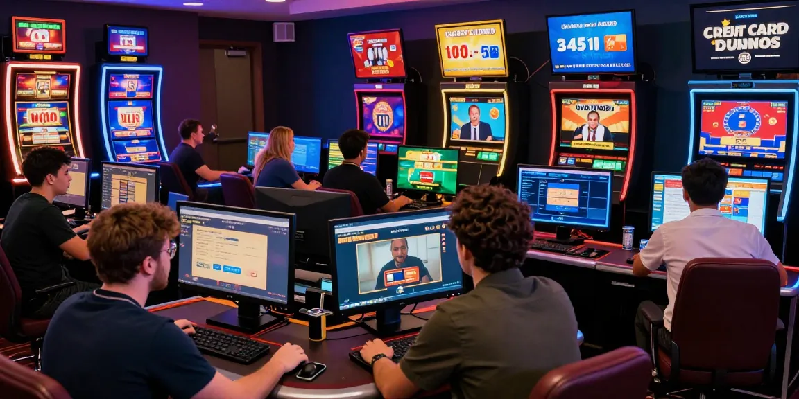 Engaging players at a credit card casino, excitedly enjoying a vibrant online gaming atmosphere with various games and promotions visible.