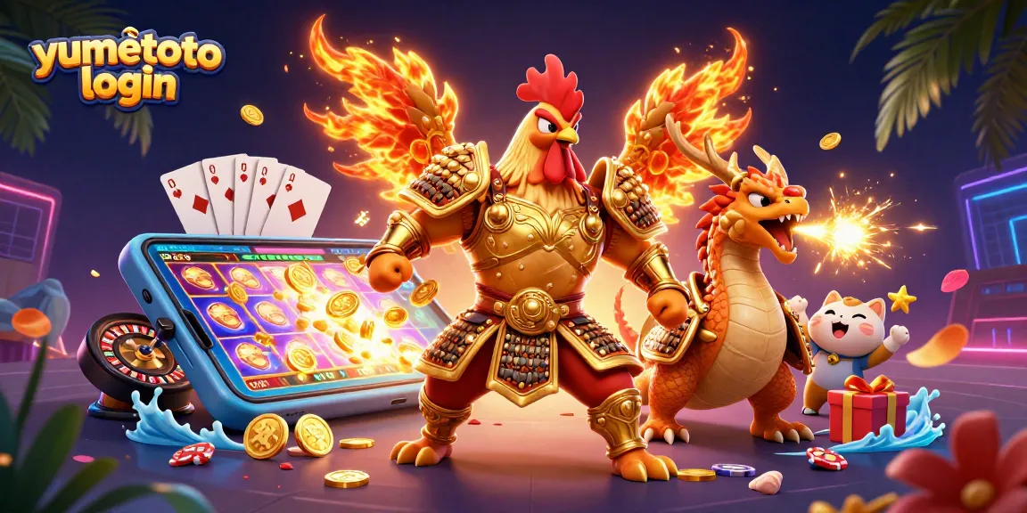 Masuk ke yumetoto login dengan karakter kartun yang menyerang dalam latar kasino yang kaya.