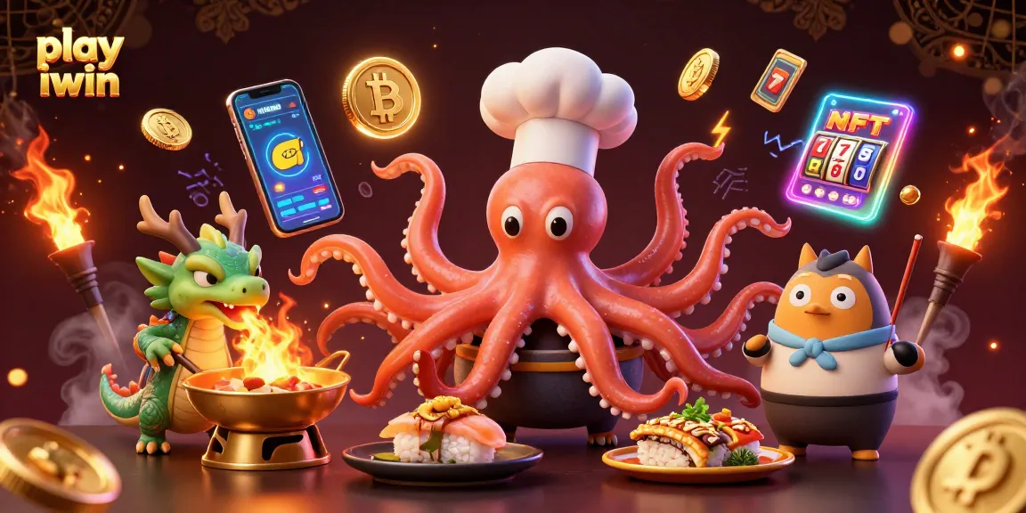 Play iwin with a vibrant casino scene showcasing a cartoon octopus chef, dragon, and tanuki, filled with slots and crypto elements.