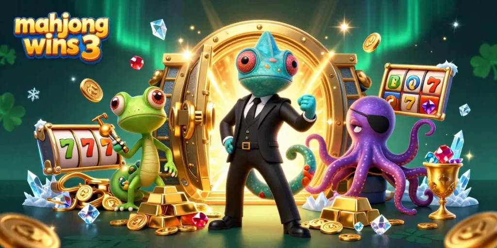 Engage with mahjong wins 3 as chameleon, gecko, and octopus unlock golden slot treasures.