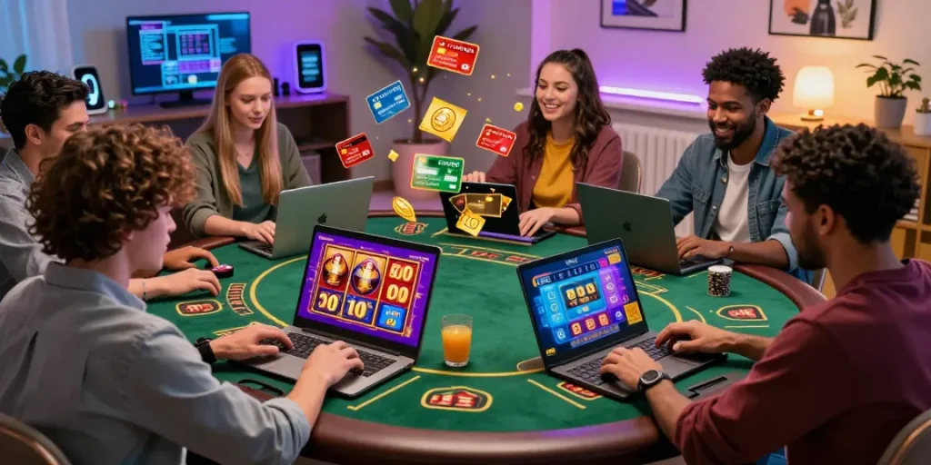 Players enjoying casinos that accept credit cards with laptops and tablets, showcasing vibrant gaming atmosphere and payment options.